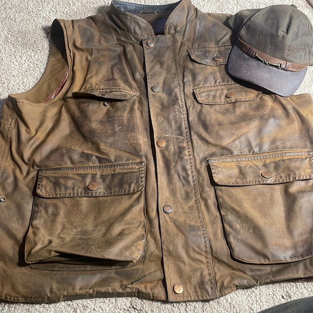 Vintage Oil Skin Outback Trading Vest and Hat Bundle